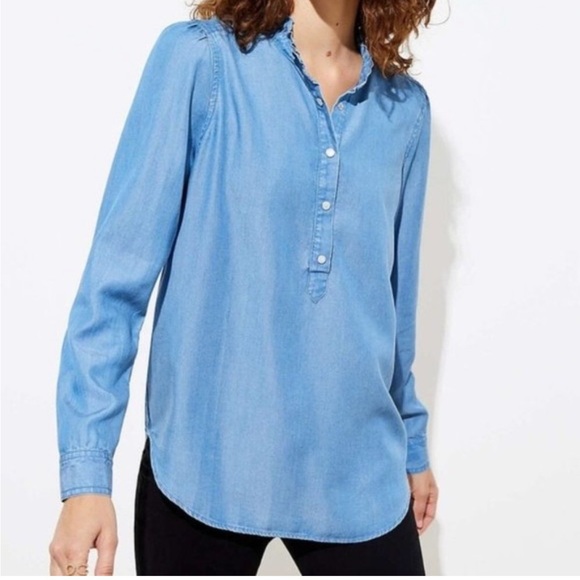 LOFT Chambray Shirt with Ruffles NWOT - Picture 1 of 5